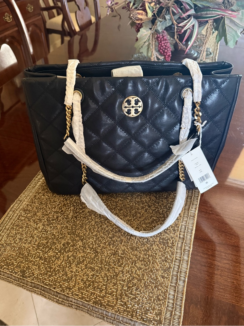 Tory Burch Black Quilted Leather Shoulder Bag with Gold Hardware